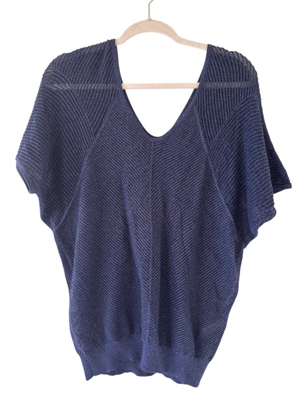 Express Blue Metallic Knit V-Neck Dolman Sleeve Lightweight Stretchy Womens Top